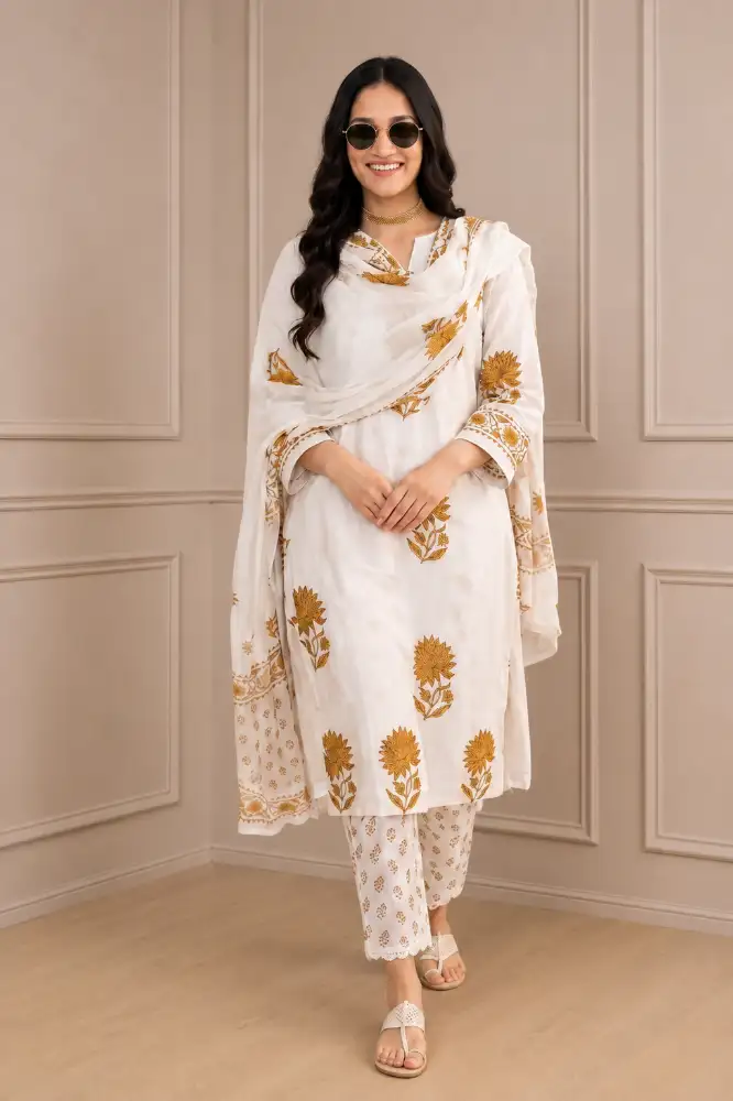 Women's Hand Block Floral Printed Straight Kurta Set with Palazzo Pants & Dupatta Kurta Set